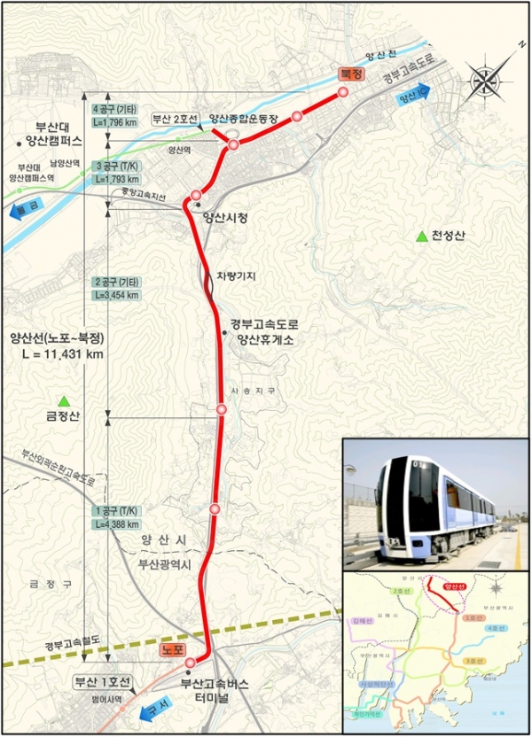 양산도시철도(노포~북정) 노선도