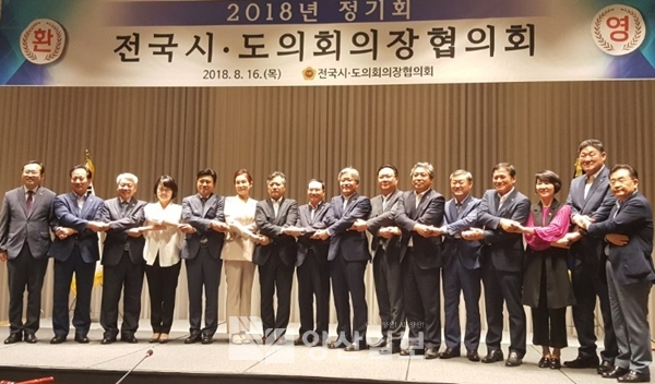 전국시도의회의장협의회 정기회에 참석한 의장들이 기념촬영을 하고 있다. 우측에서 3번째가 김지수 경상남도의회 의장(사진제공=경남도의회)