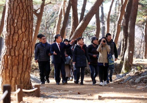 박일호 밀양시장이 밀양시SNS알리미들과 함께 표충사 명품산책로를 걷고 있다.