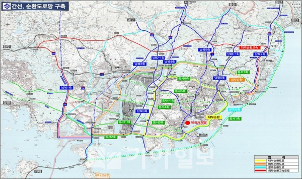 부산광역시 도로건설관리계획 주요도로망[동서7축X남북7축+4R(순환망)+4보조축]